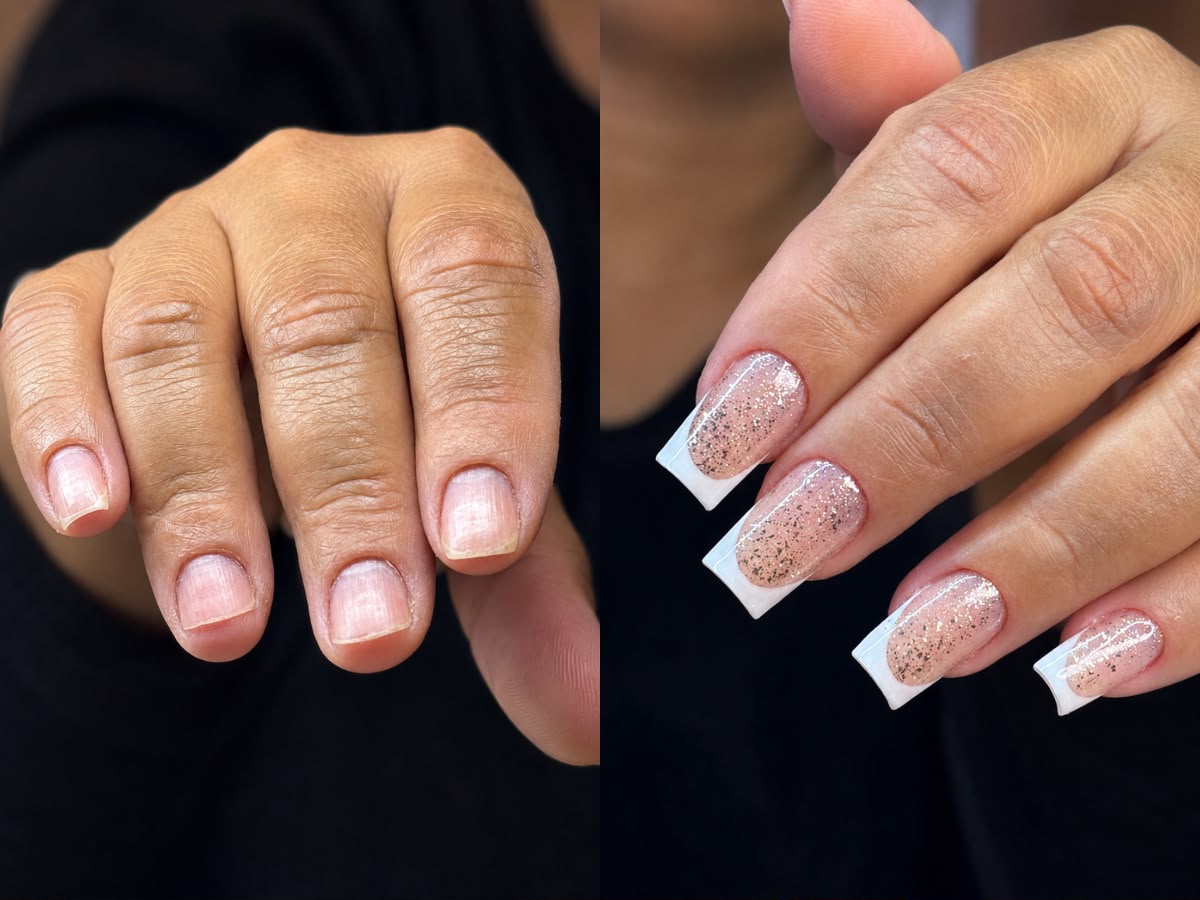 Cliente satisfeita mostrando resultado do alongamento Sterby